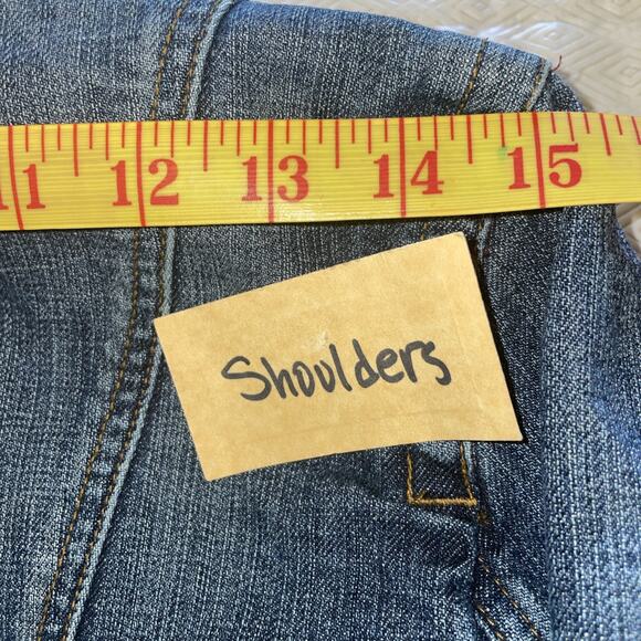 E by ECI Tailored Jacket Blue Denim Embroidered Floral Collared Snaps Read Size - Picture 6 of 11